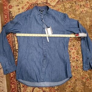 Officina 36 Band Collar Blue White Dotted Slim Fit Button-Down Shirt - Size Med